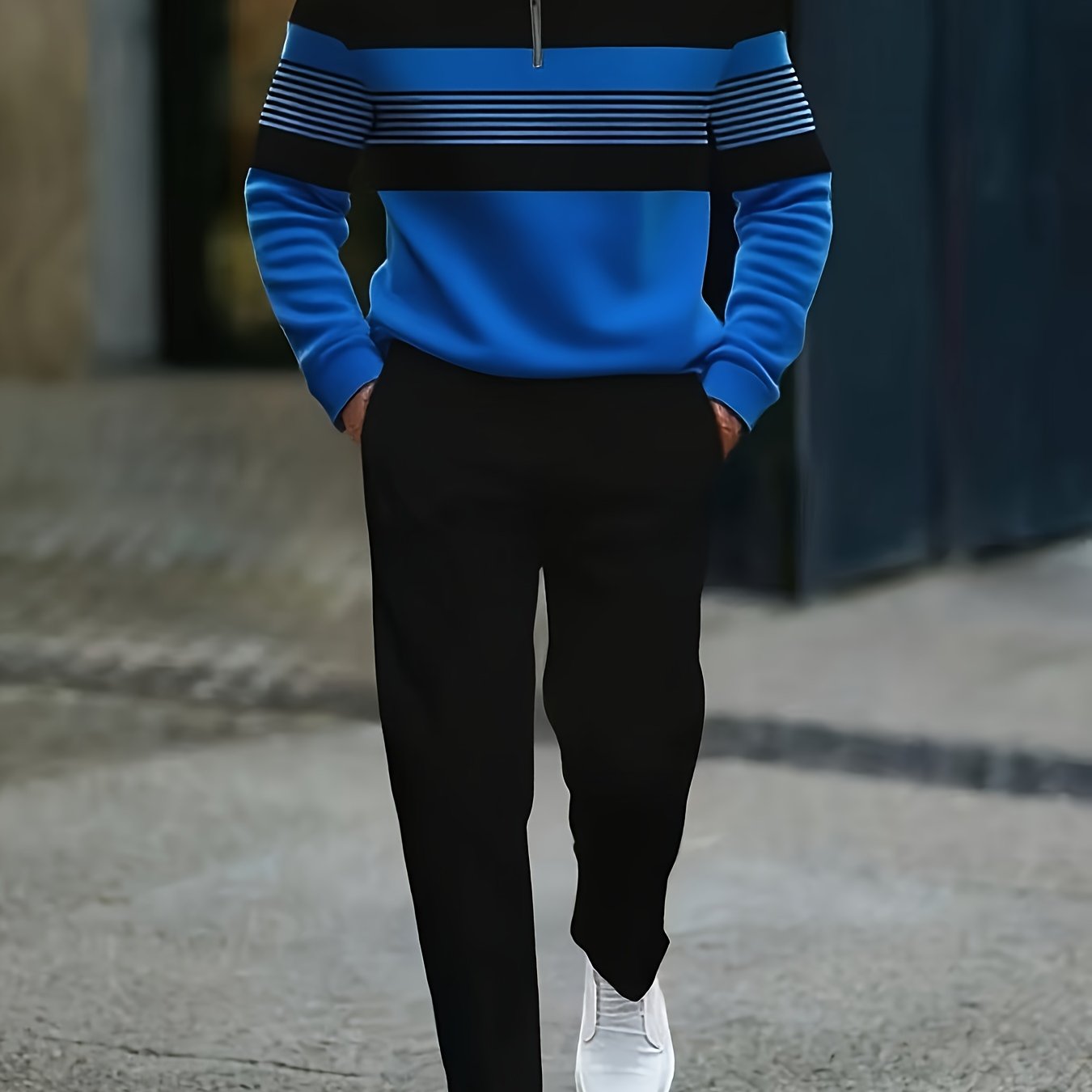 Mens Casual Striped Two Piece Set With Zip Front Jacket