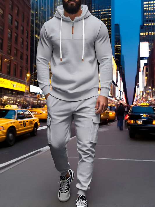 Mens Hooded Half Zip Sweatshirt Set With Cargo Joggers