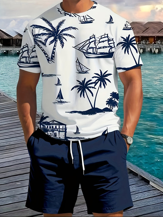 Mens Tropical Palm Nautical Print Tee And Shorts Set