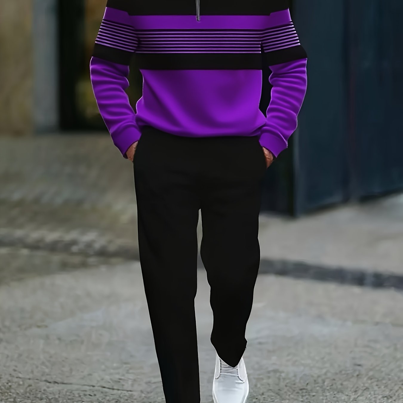 Mens Casual Striped Two Piece Set With Zip Front Jacket