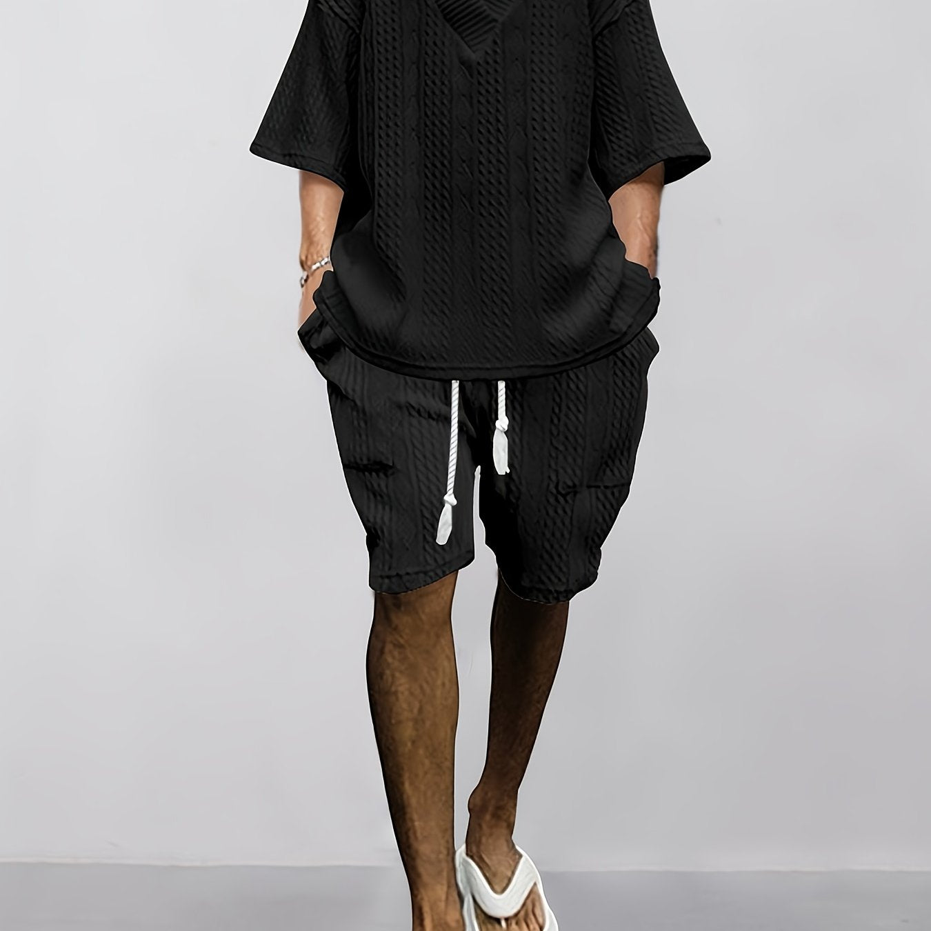 Mens Casual V Neck Knit Sweater And Shorts Set For Summer