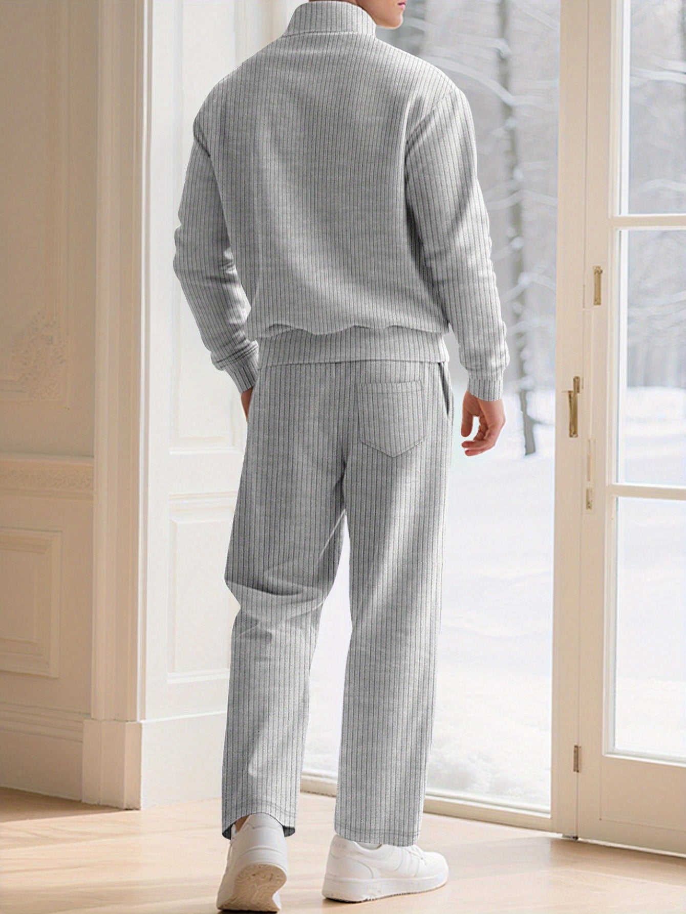 Men's Two Piece Casual Suit Stand Collar Jacquard Knit Set