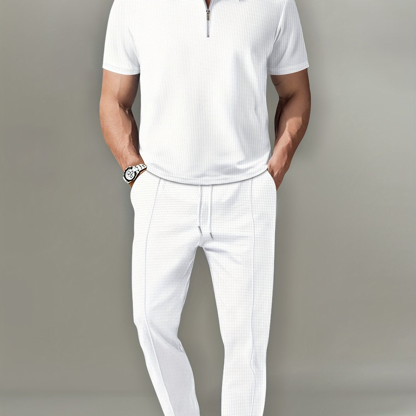 Mens Waffle Collar Short Sleeve Zipper Top Pants Set