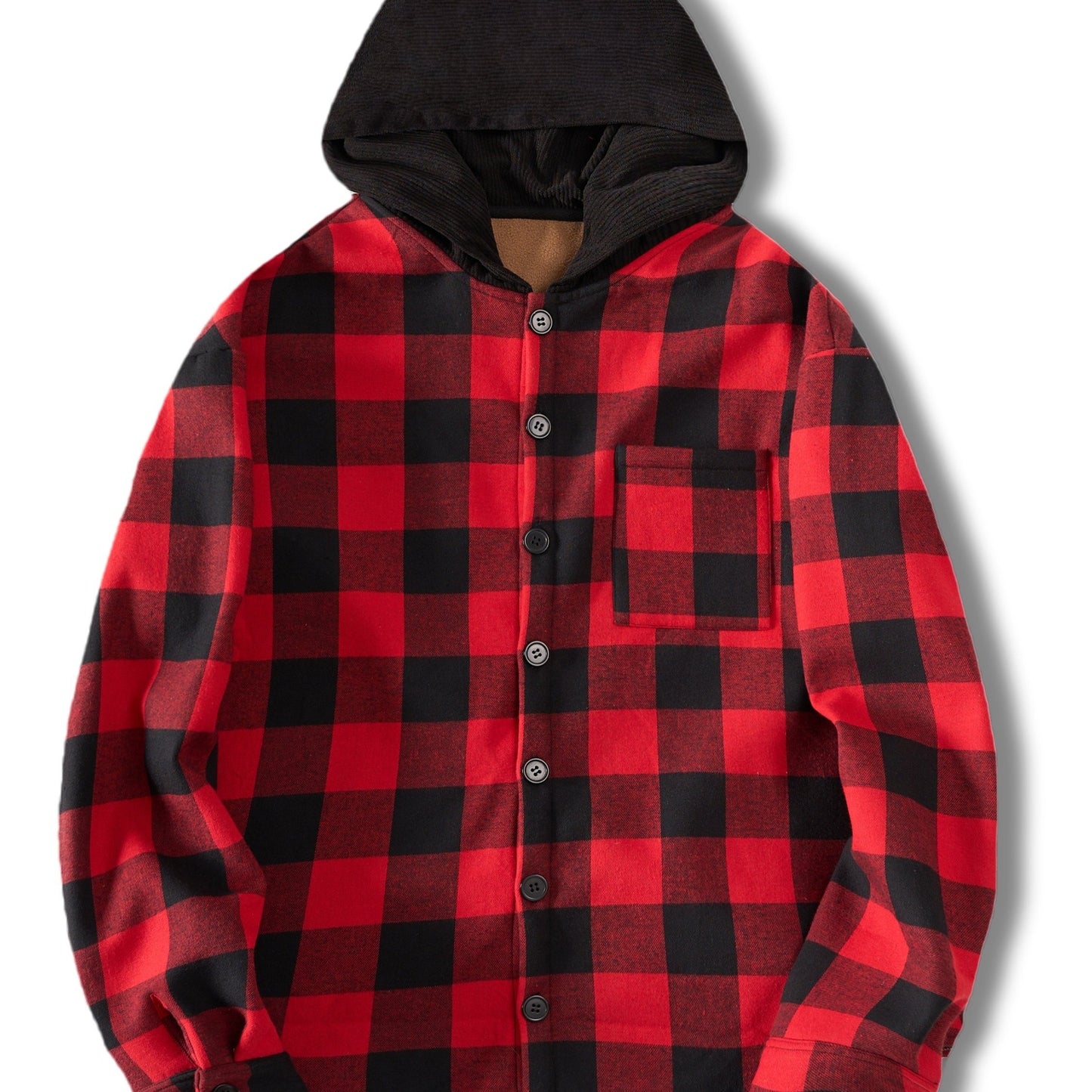 Men's Cotton Plaid Shirt Jacket With Fleece Lined Hood