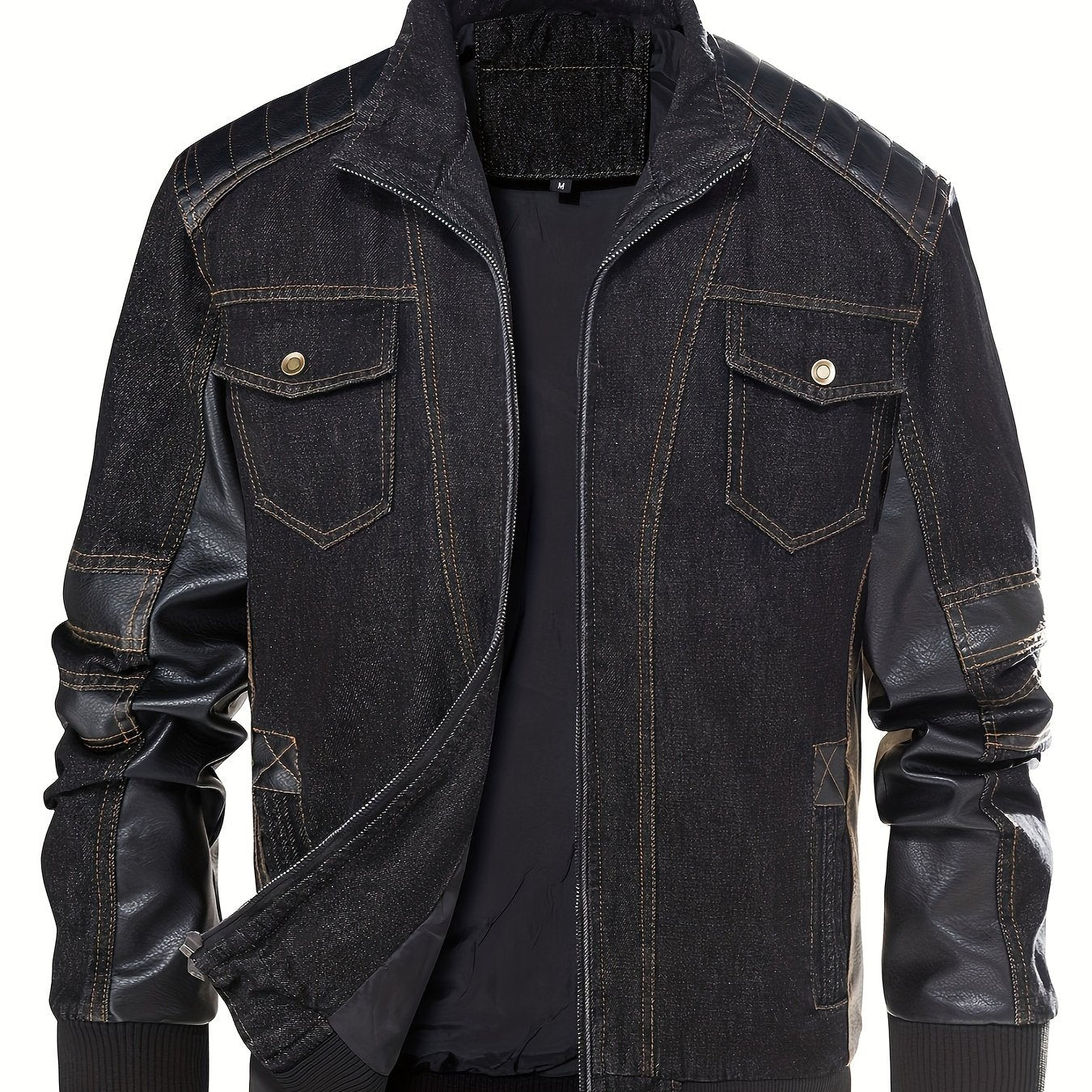 MSOPCCACollar Patchwork Denim Faux Leather Moto Jacket