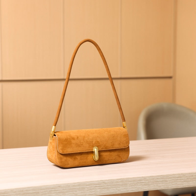 Suede Shoulder Bag Women Chic Baguette Design Lock Closure