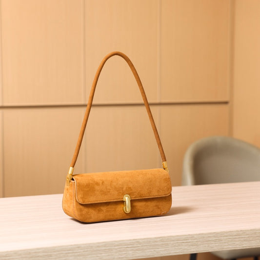 Suede Shoulder Bag Women Chic Baguette Design Lock Closure
