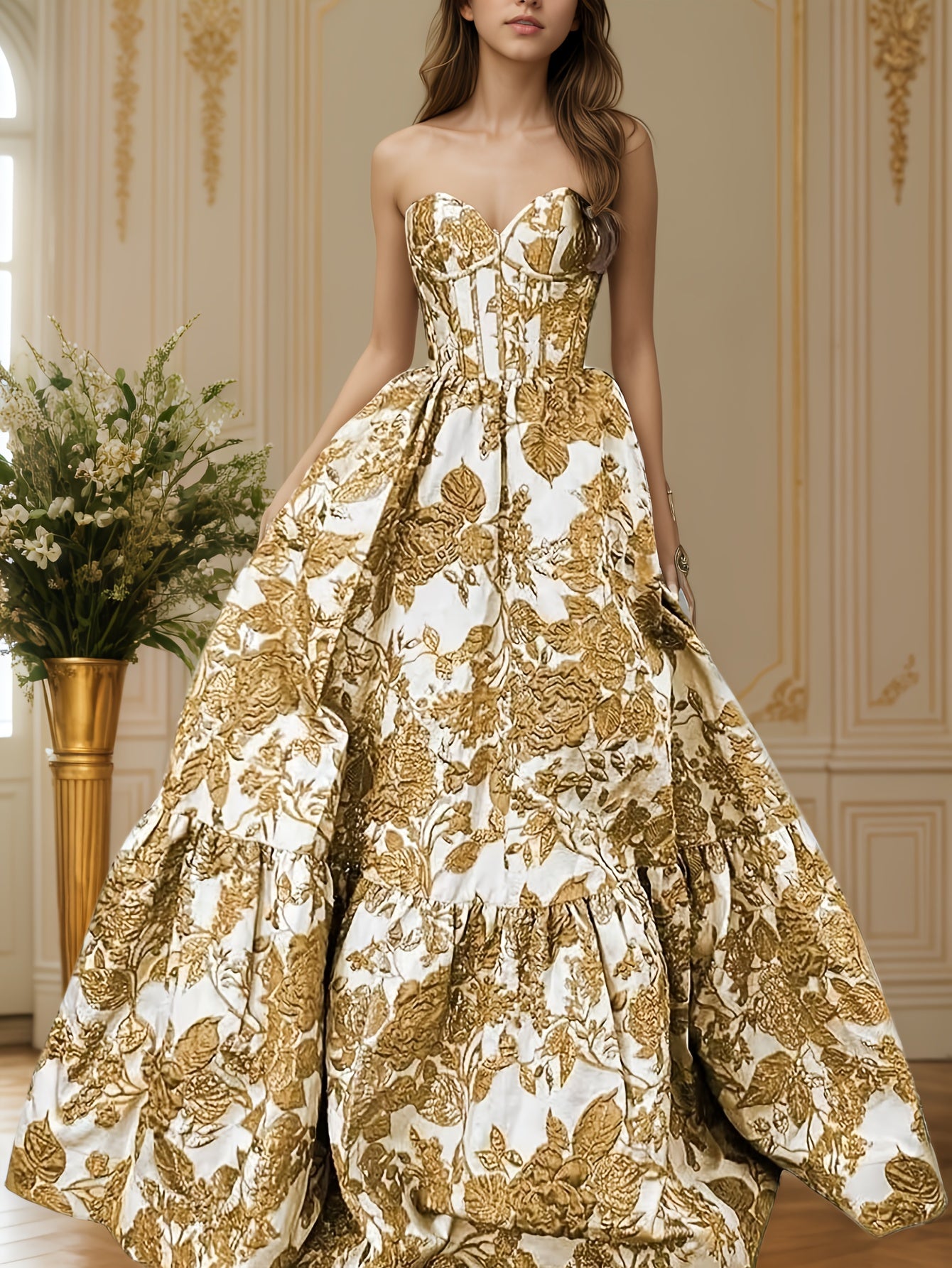 Floral Jacquard Satin Prom Dress Strapless Corset Back