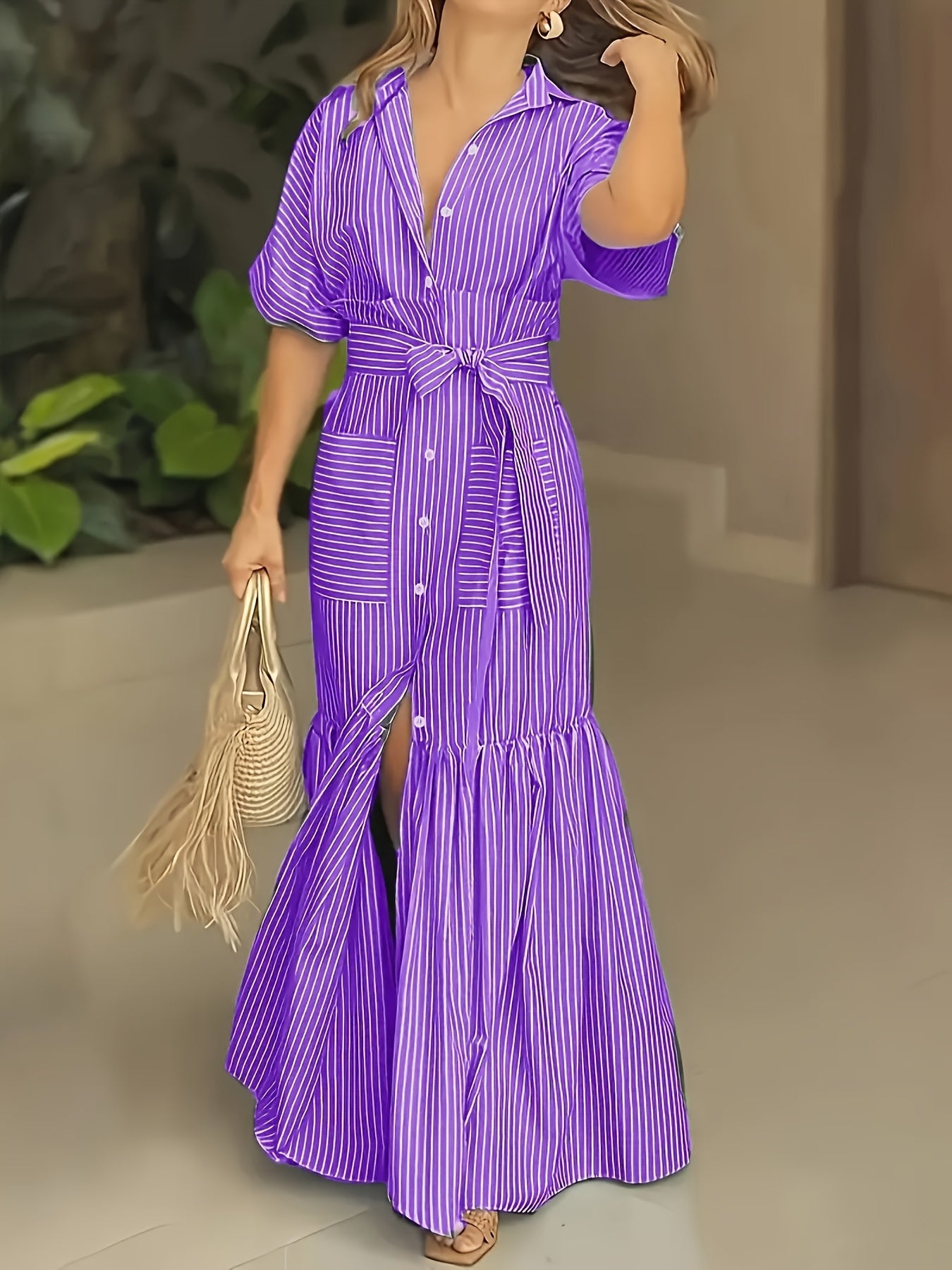 Digital Printed Striped Shirt Dress Long Length Regular Fit