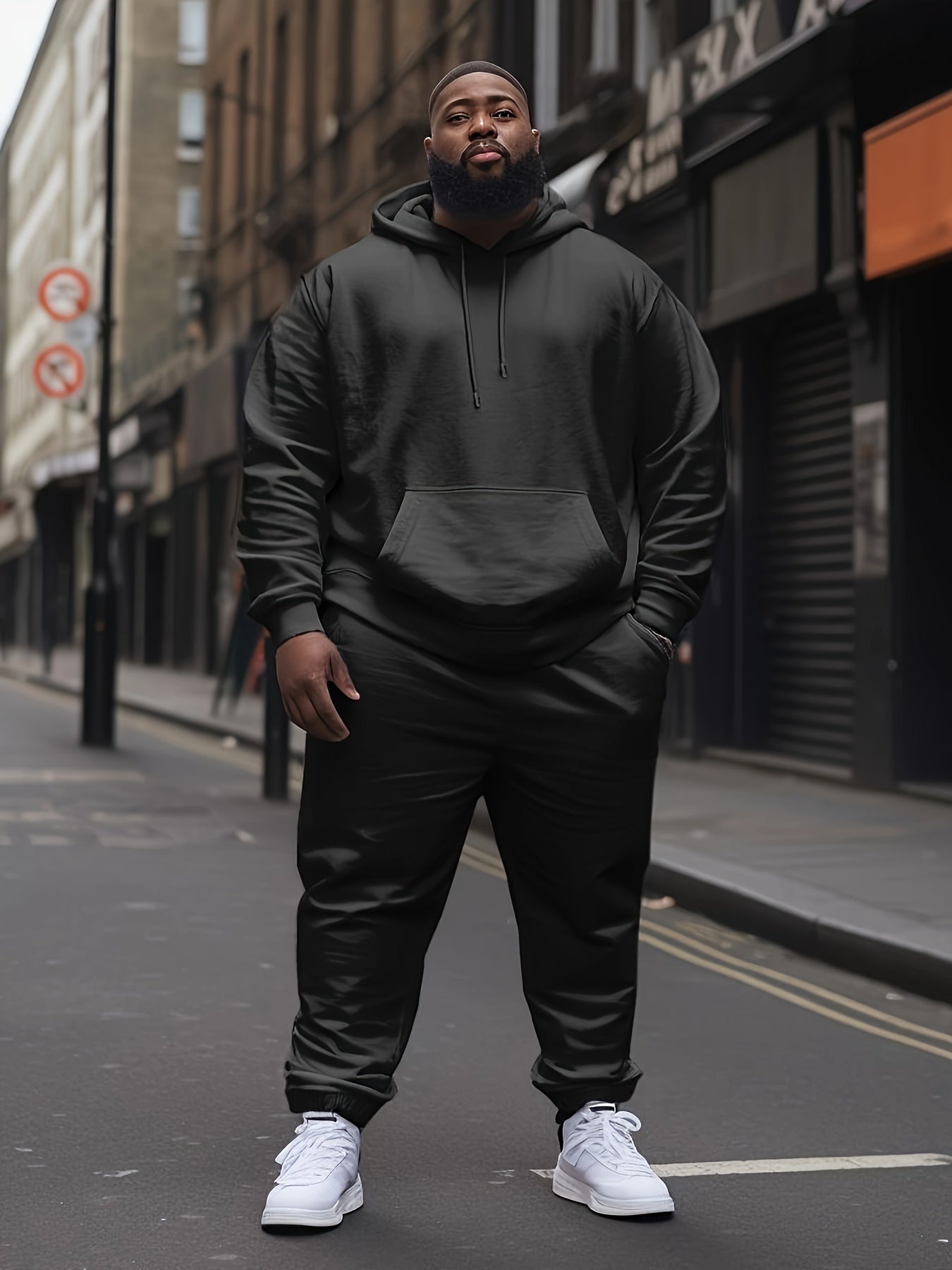 Plus Size Men's Hooded Fleece-Lined Sweatshirt Casual Set