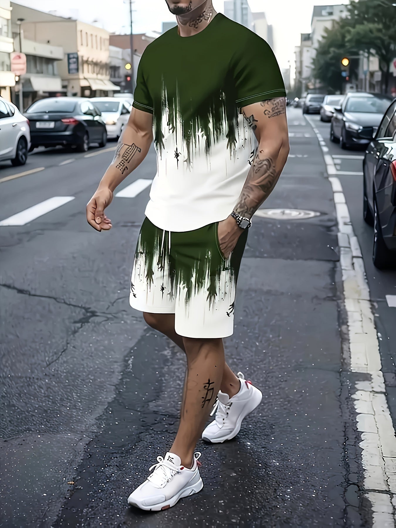 3D Pattern Print Men Two Piece Casual Tee And Shorts