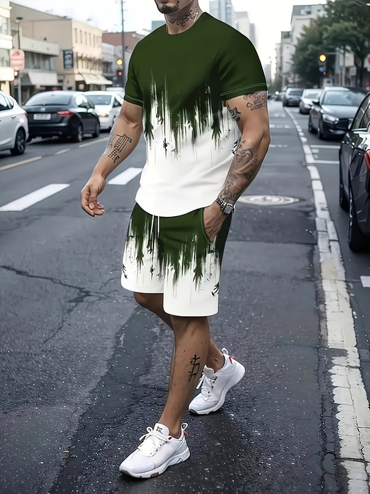 3D Pattern Print Men Two Piece Casual Tee And Shorts