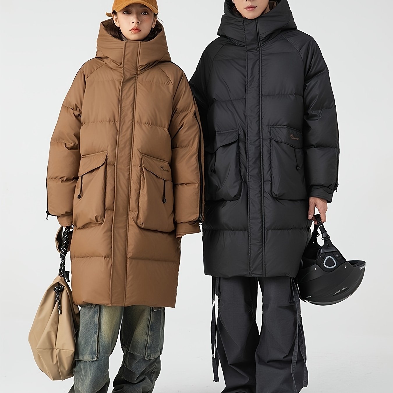 Mens Long Hooded Winter Coat Parka With Zippered Stripes