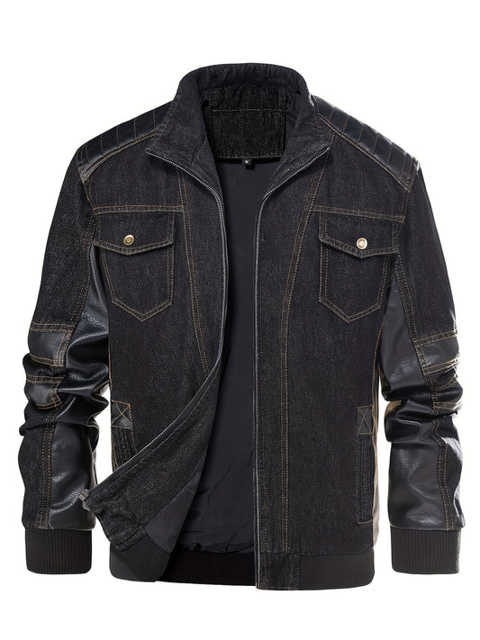 MSOPCCACollar Patchwork Denim Faux Leather Moto Jacket