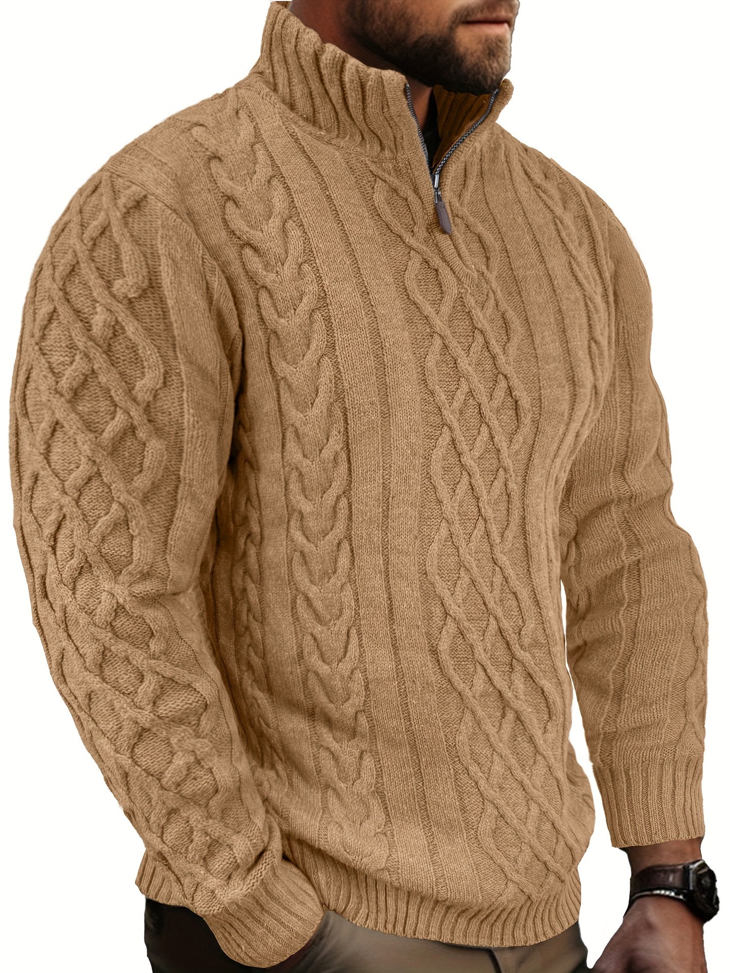 COMDECEVIS Mens Quarter Zip Cable Knit Mock Neck Sweater
