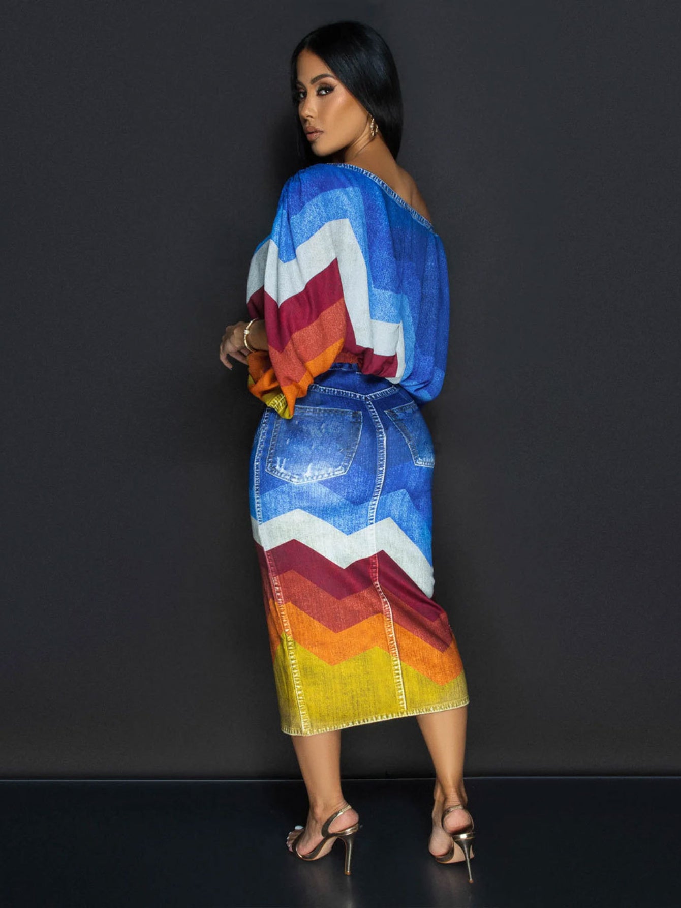 Denim Print Off Shoulder Top And Skirt Set Polyester