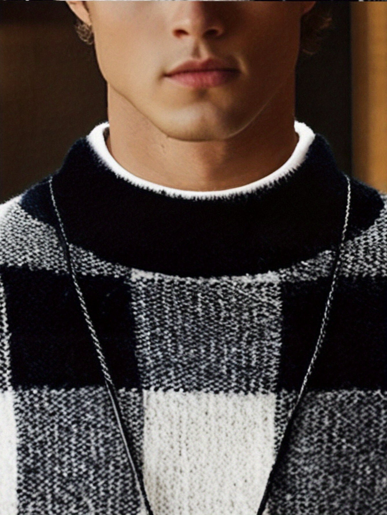 Men's Slim Fit Winter Plaid Sweater Warm Knit Round Neck