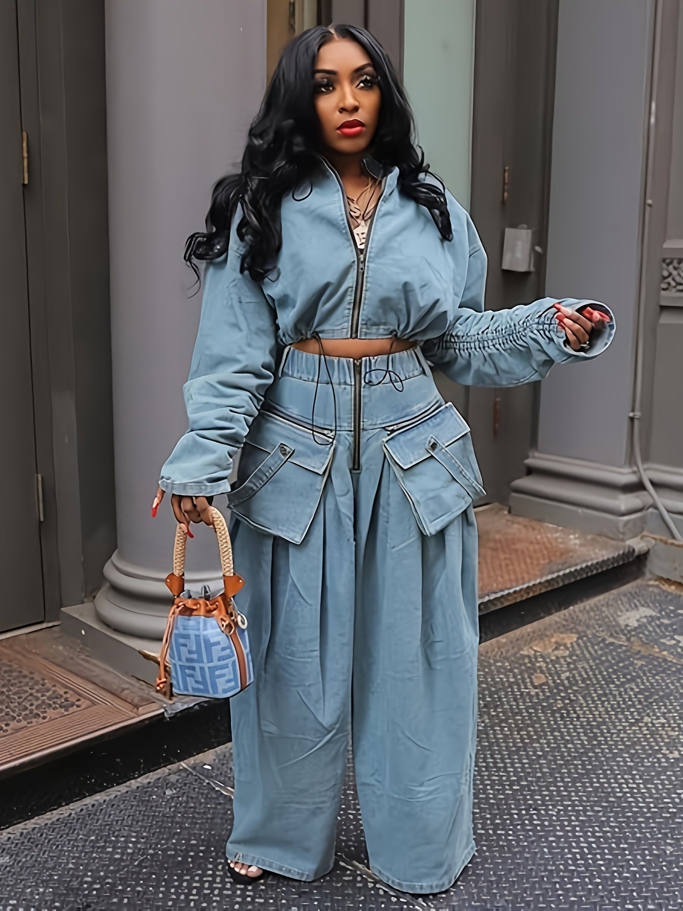 Women's Denim Set Jacket And Wide Leg Pants Polyester