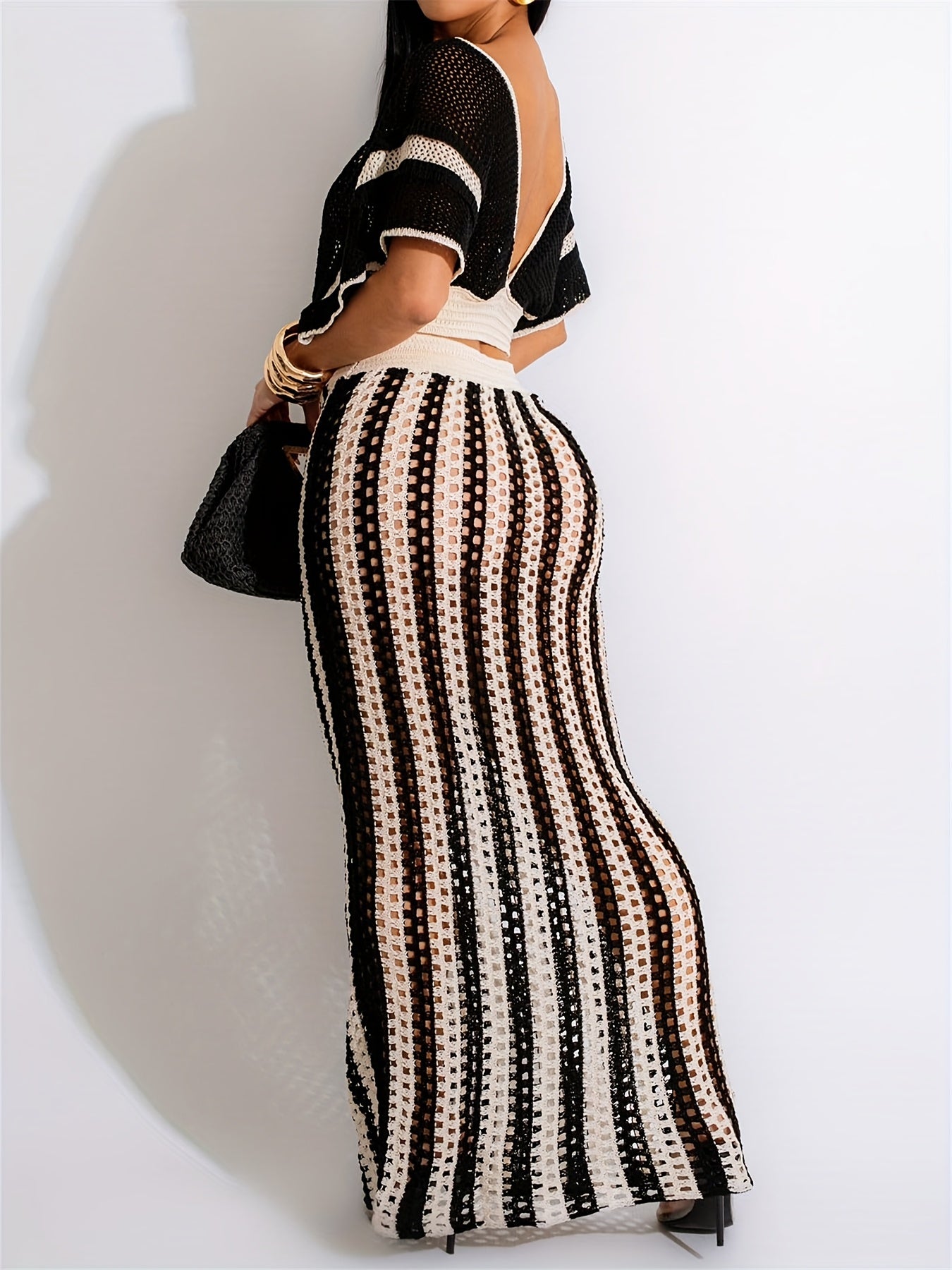 Womens Crochet Skirt Suit V Neck Top With Long Skirt
