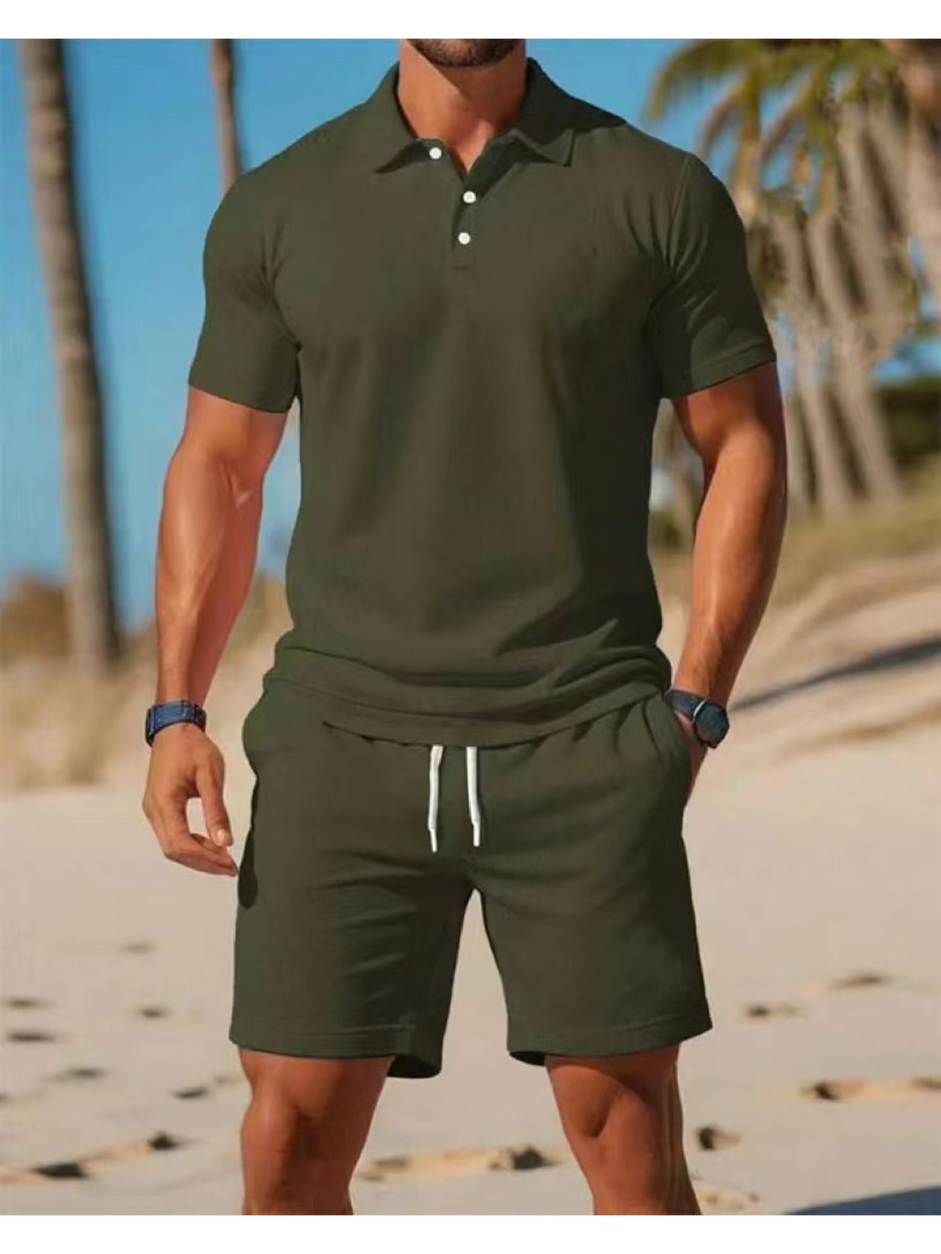 Mens Summer Casual 2pc Short Sleeve Shirt And Shorts Set