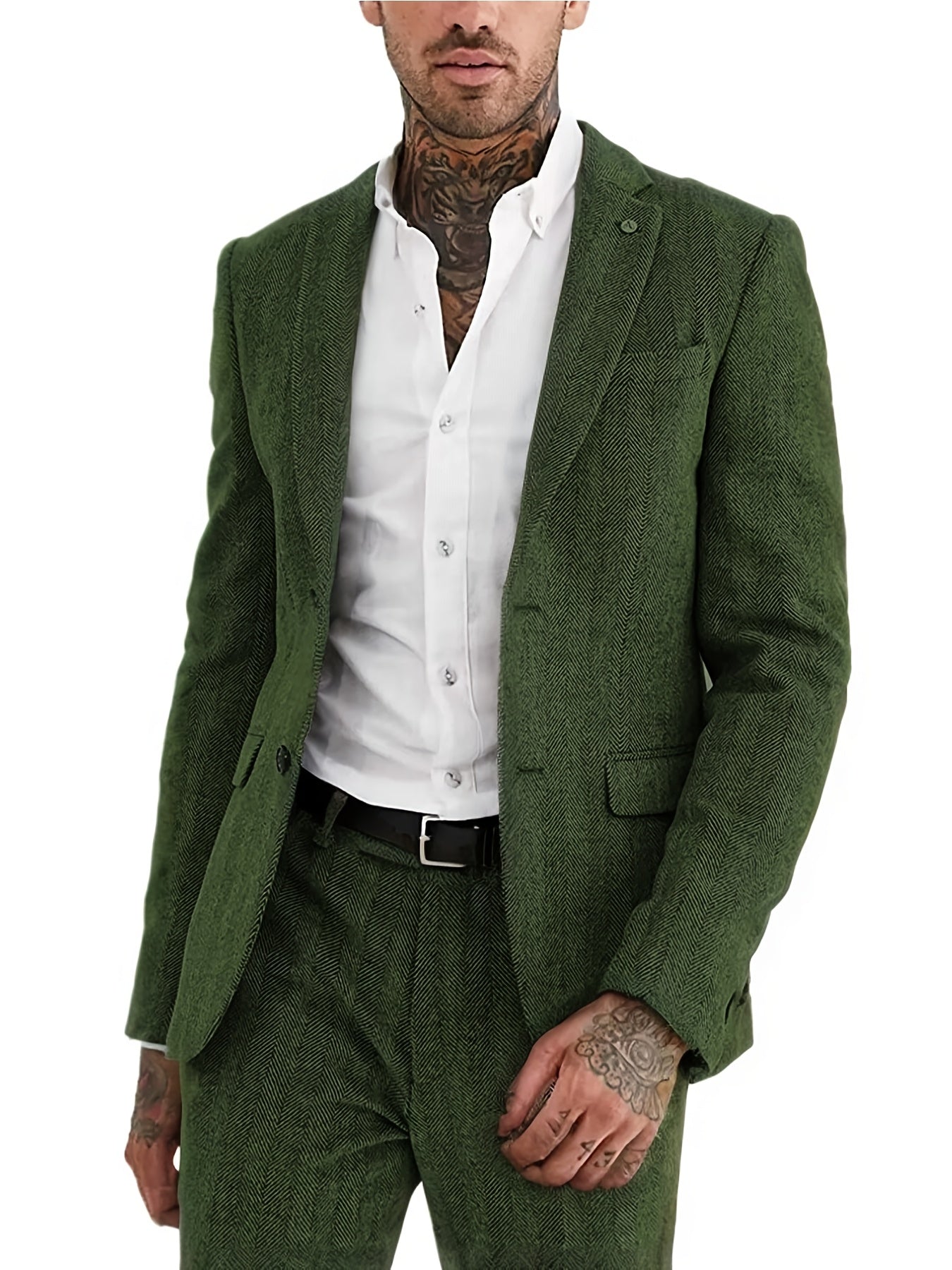 Men's Wool Blend Tweed Suit Herringbone Formal Wedding Event