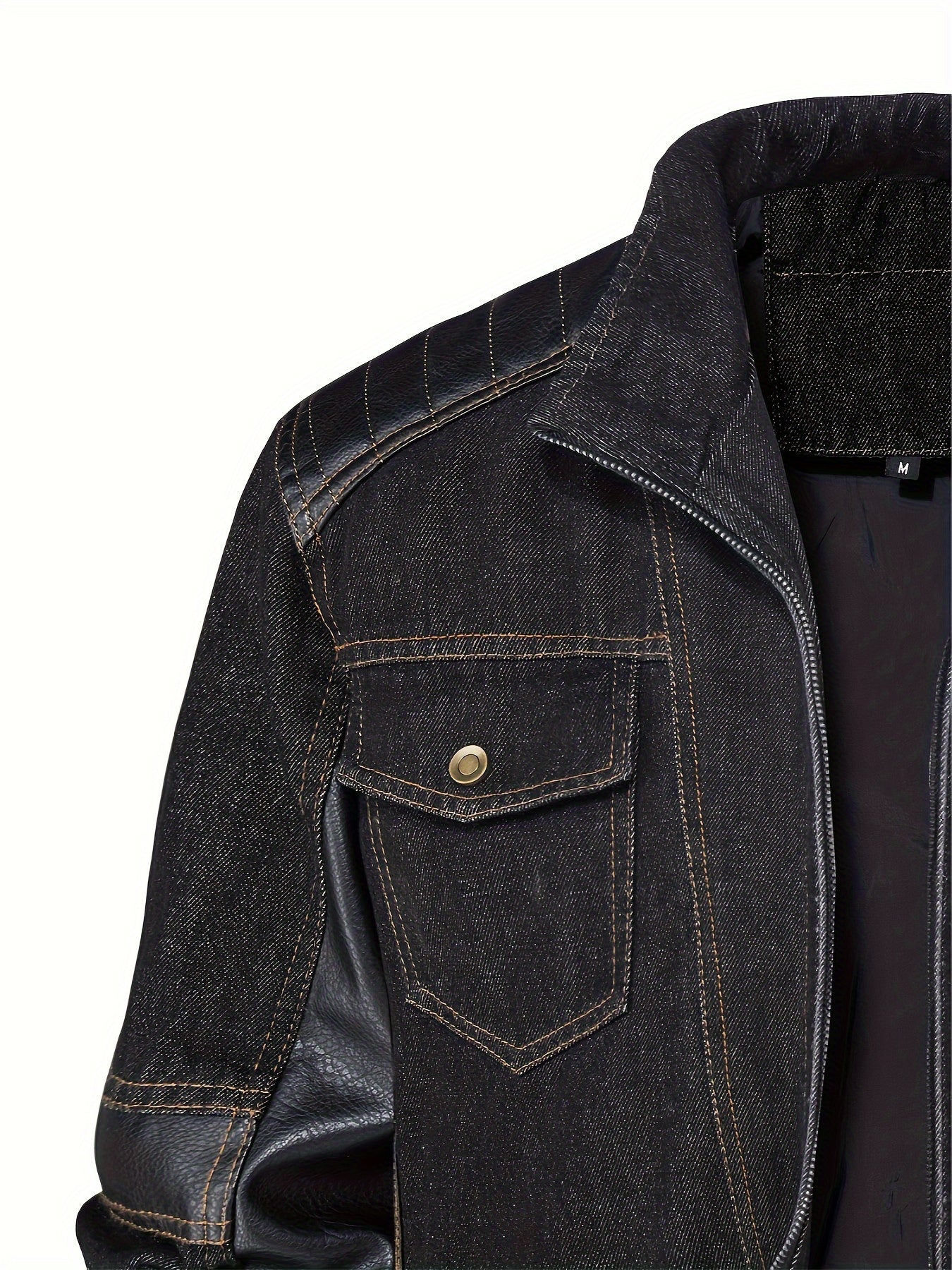 MSOPCCACollar Patchwork Denim Faux Leather Moto Jacket