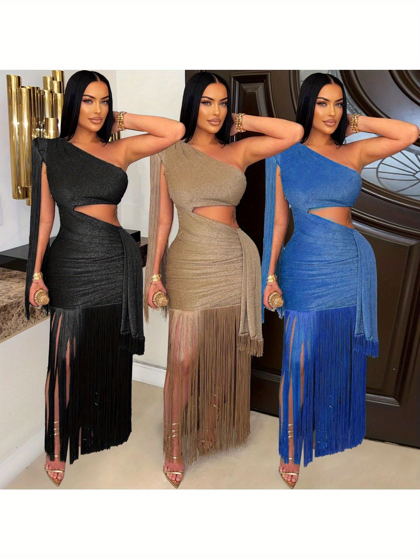 European American Style Asymmetrical Tassel Evening Dress
