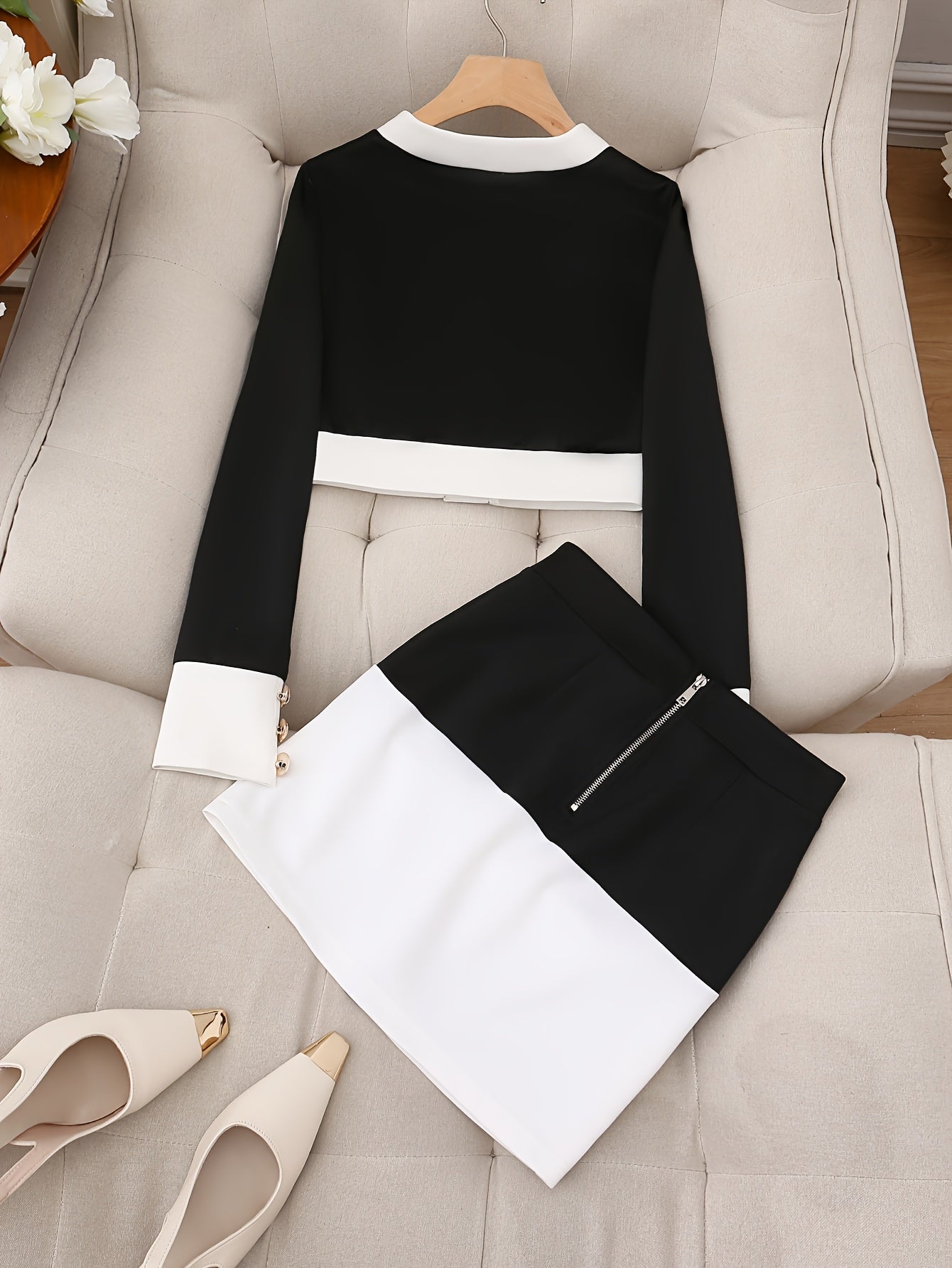 Elegant Two Piece Set Jacket and Skirt With Button Placket
