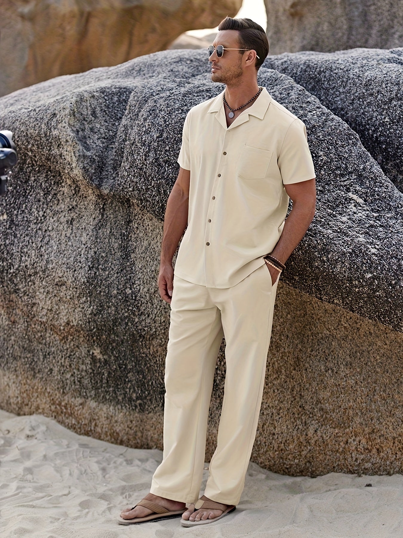 Men Linen Beach Button Shirt And Linen Pants Set Casual 2pc