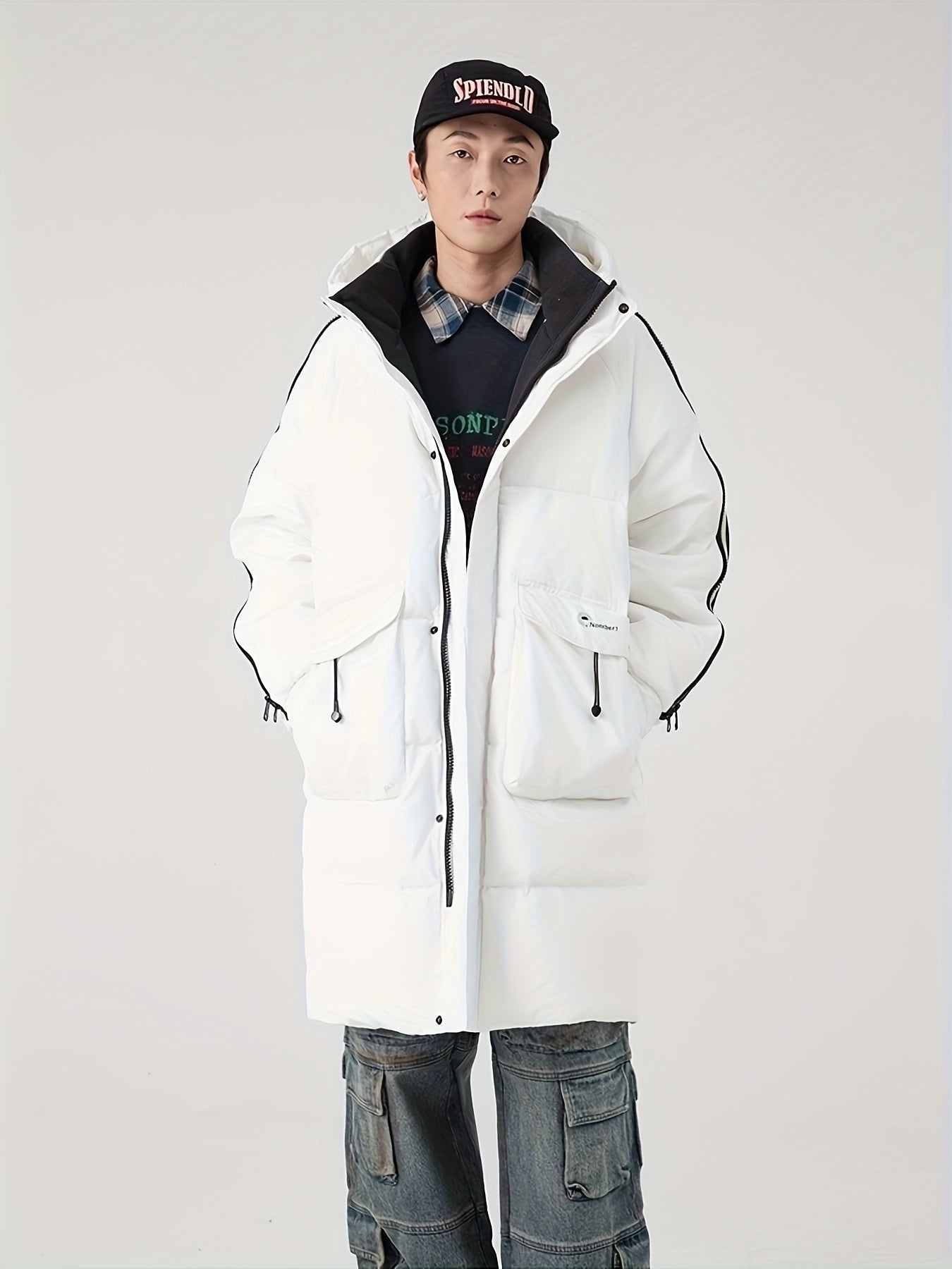 Mens Long Hooded Winter Coat Parka With Zippered Stripes