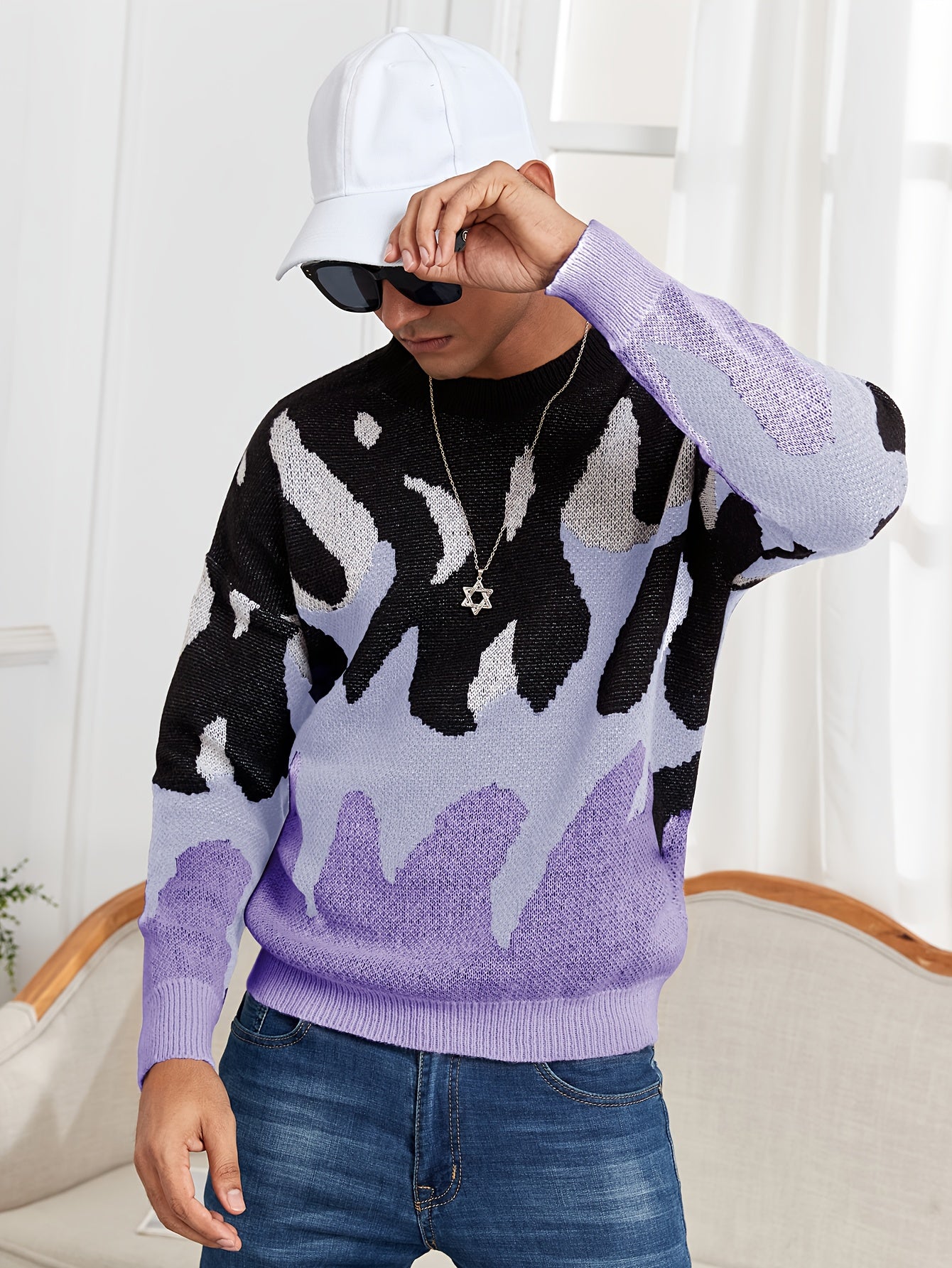Oversized Crewneck Sweater Flame Graphic Knit For Men Women