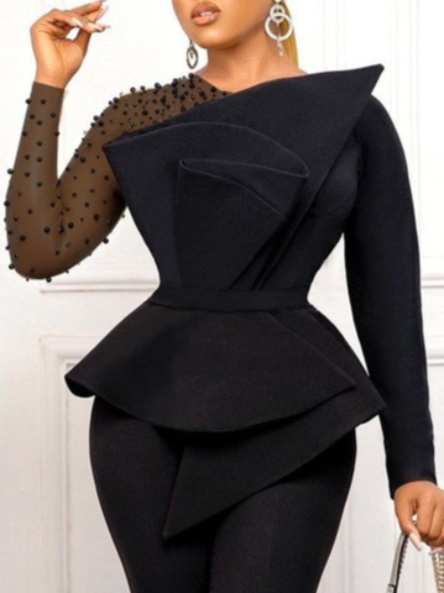 Elegant One Shoulder Jumpsuit Pearl Embellished Eveningwear