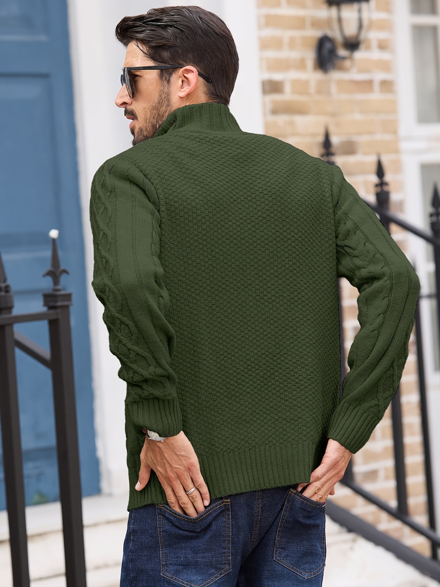 COMDECEVIS Mens Quarter Zip Cable Knit Mock Neck Sweater