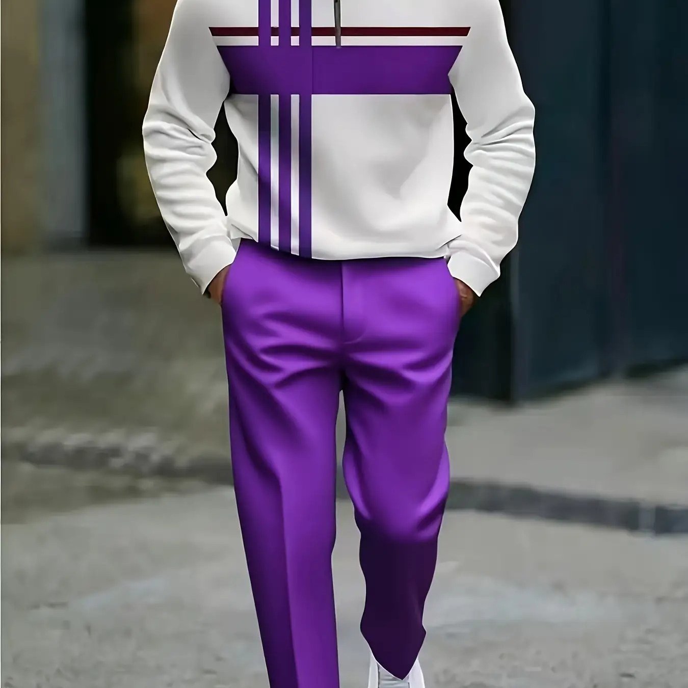 Men's Long Sleeve Tracksuit Set With Bold Contrast Stripes
