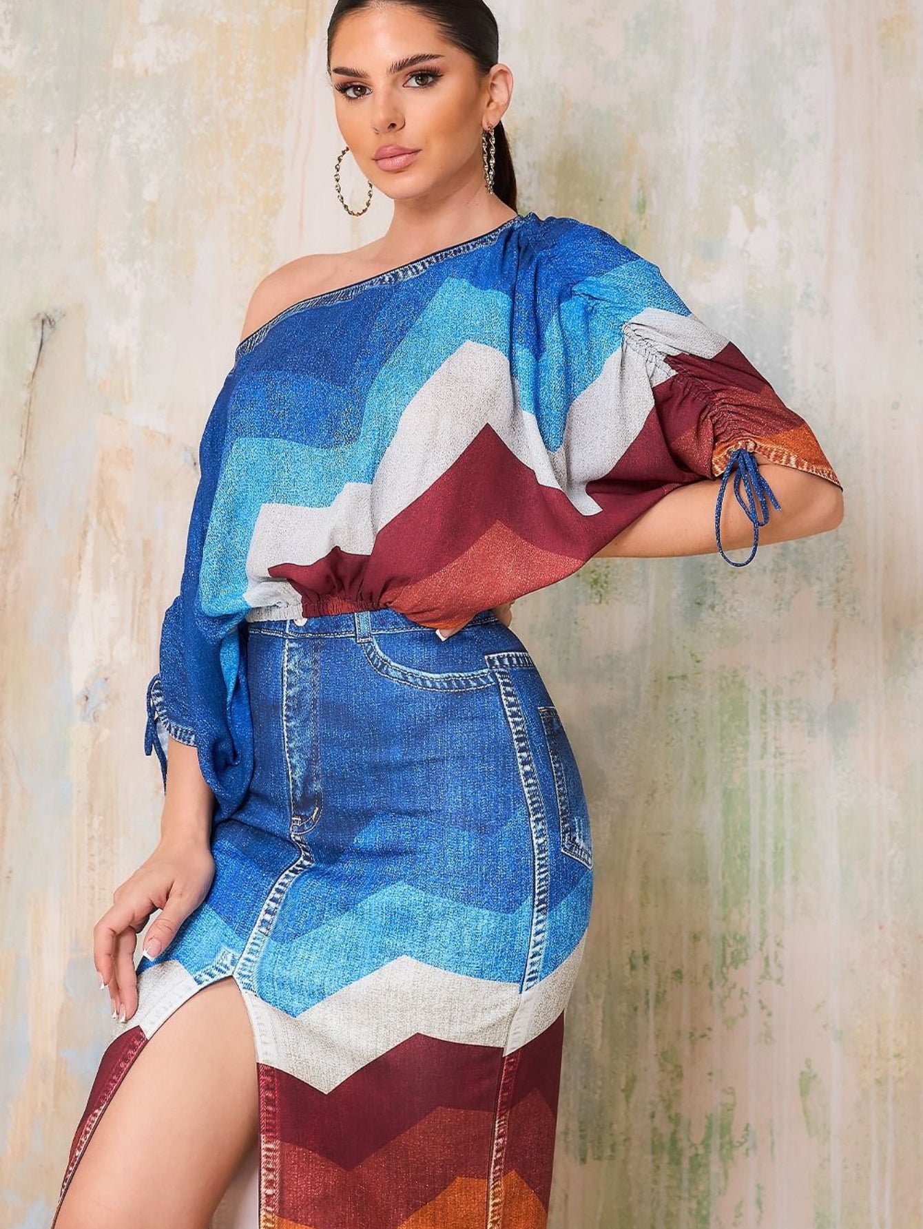 Denim Print Off Shoulder Top And Skirt Set Polyester