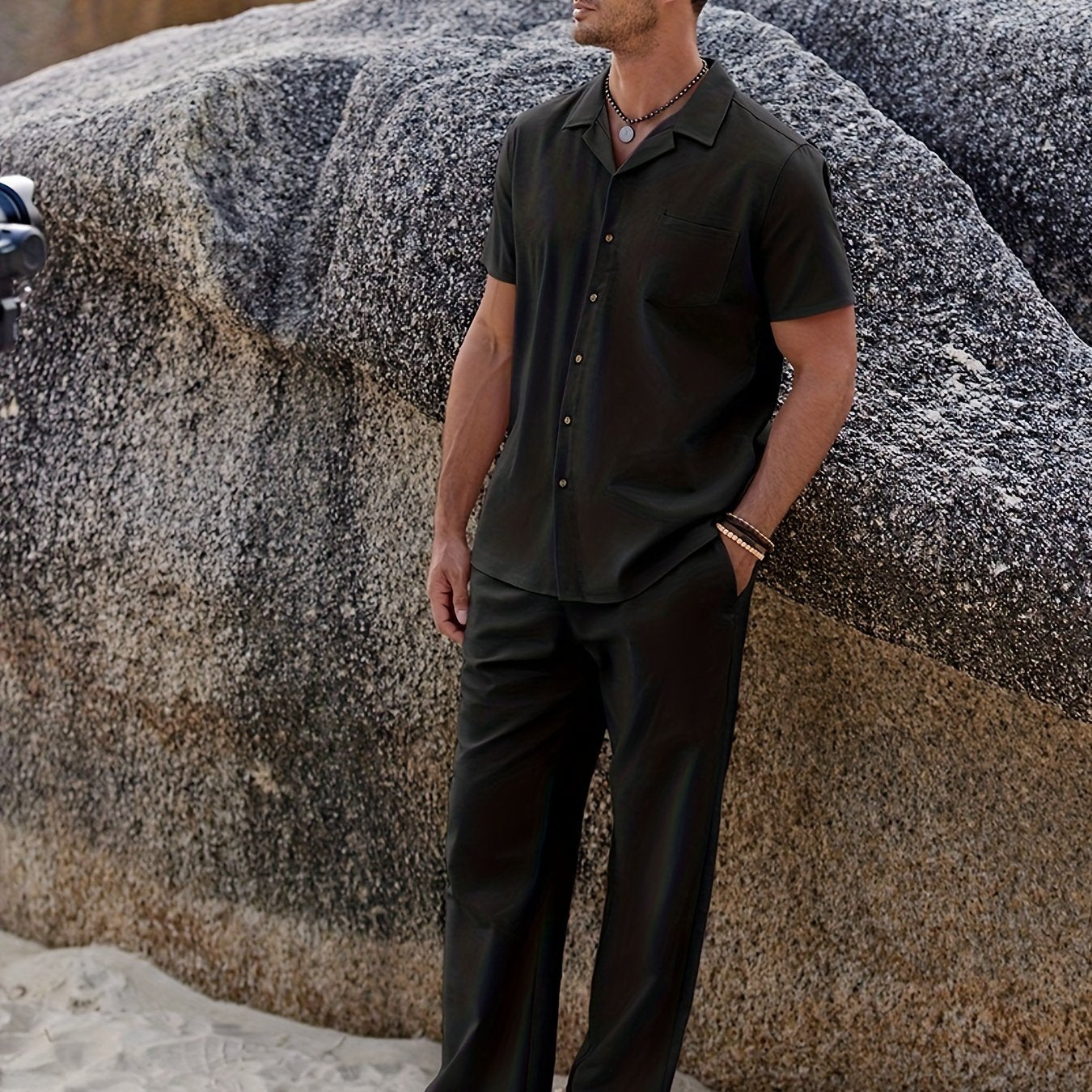 Men Linen Beach Button Shirt And Linen Pants Set Casual 2pc