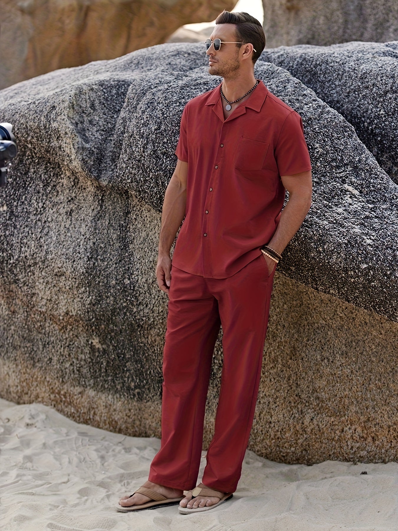 Men Linen Beach Button Shirt And Linen Pants Set Casual 2pc
