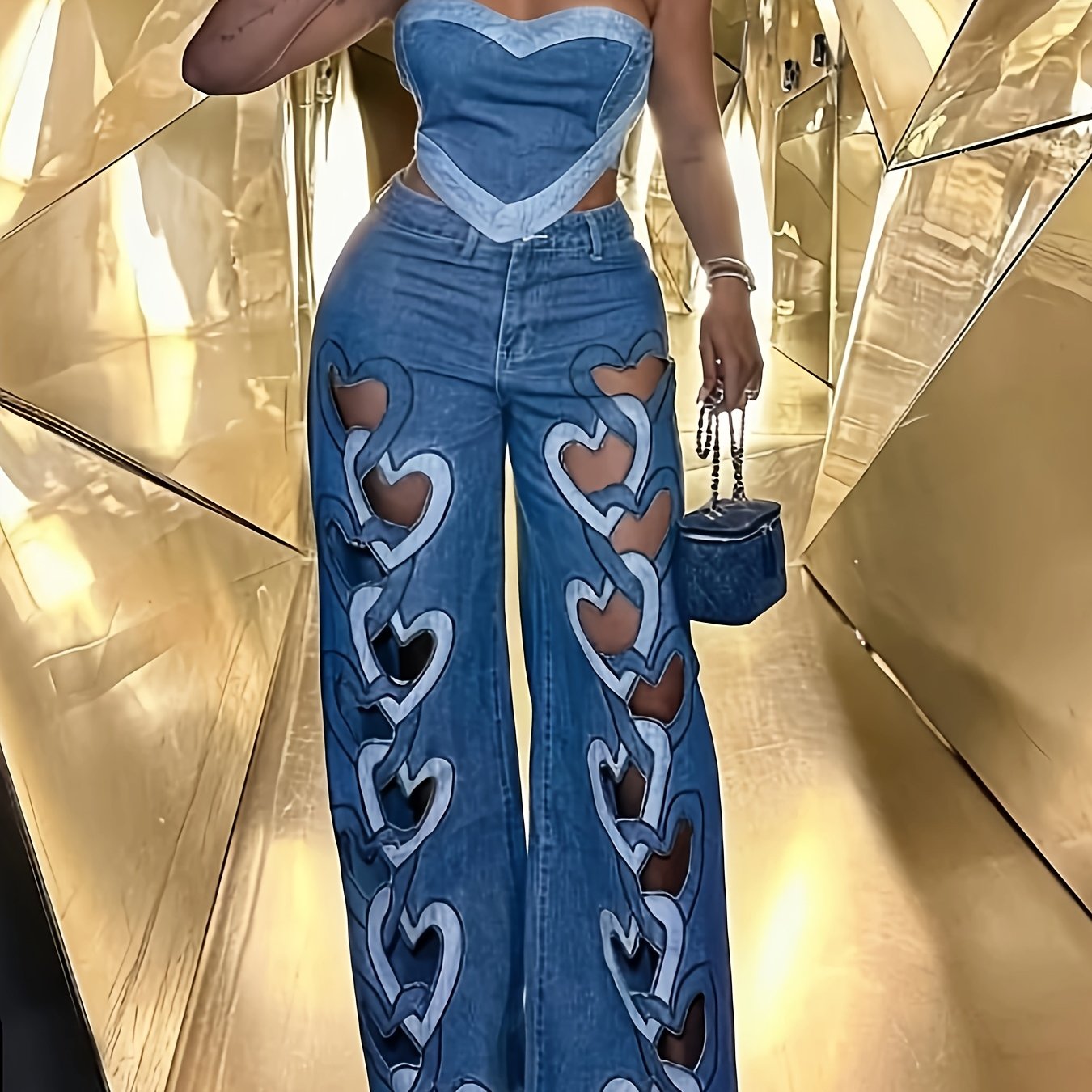 Women High Waisted Wide Leg Jeans Heart Print Cutout