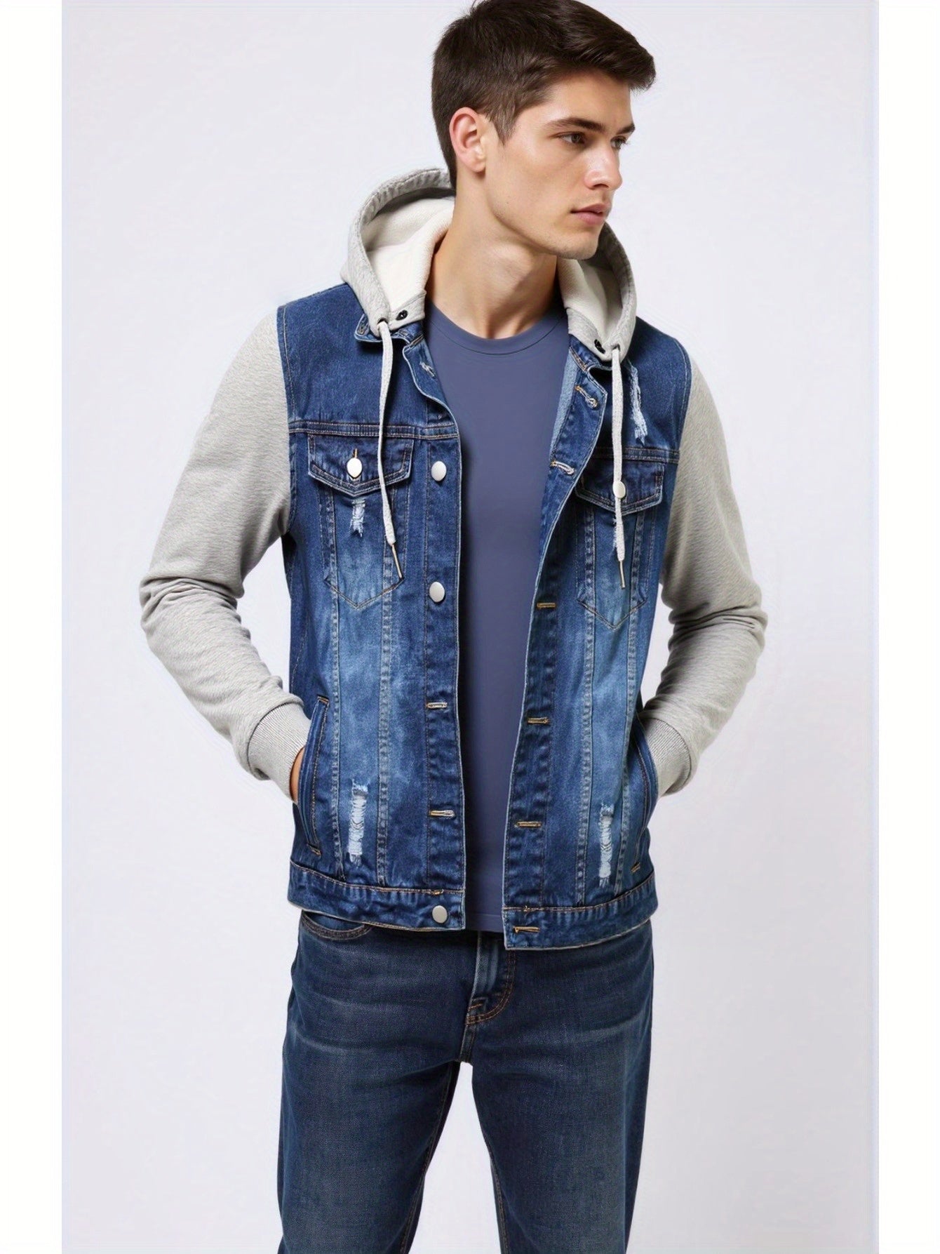 Mens Hooded Denim Style Jacket With Button Front Closure