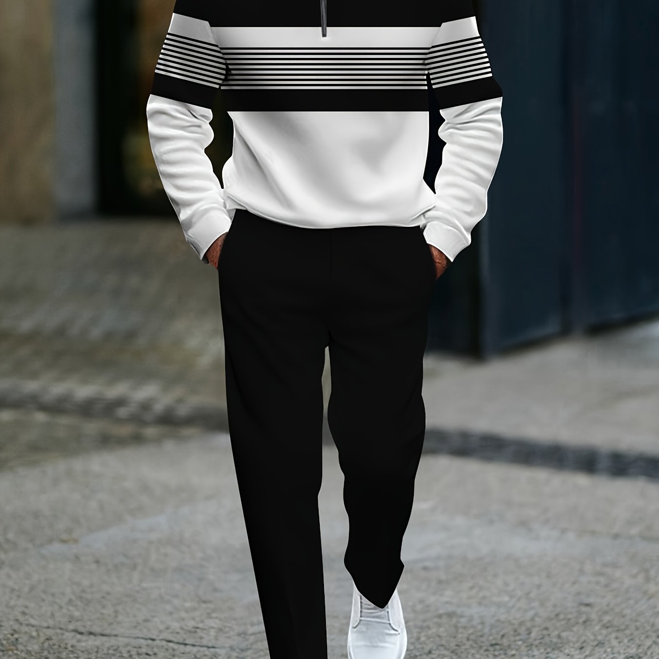Mens Casual Striped Two Piece Set With Zip Front Jacket