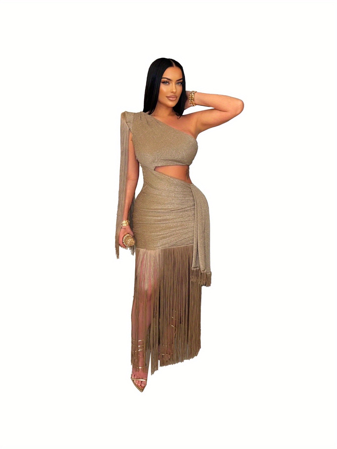 European American Style Asymmetrical Tassel Evening Dress