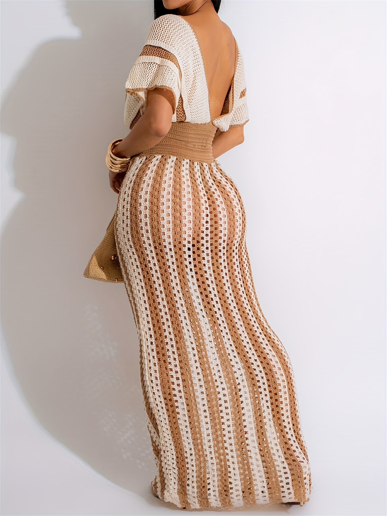 Womens Crochet Skirt Suit V Neck Top With Long Skirt