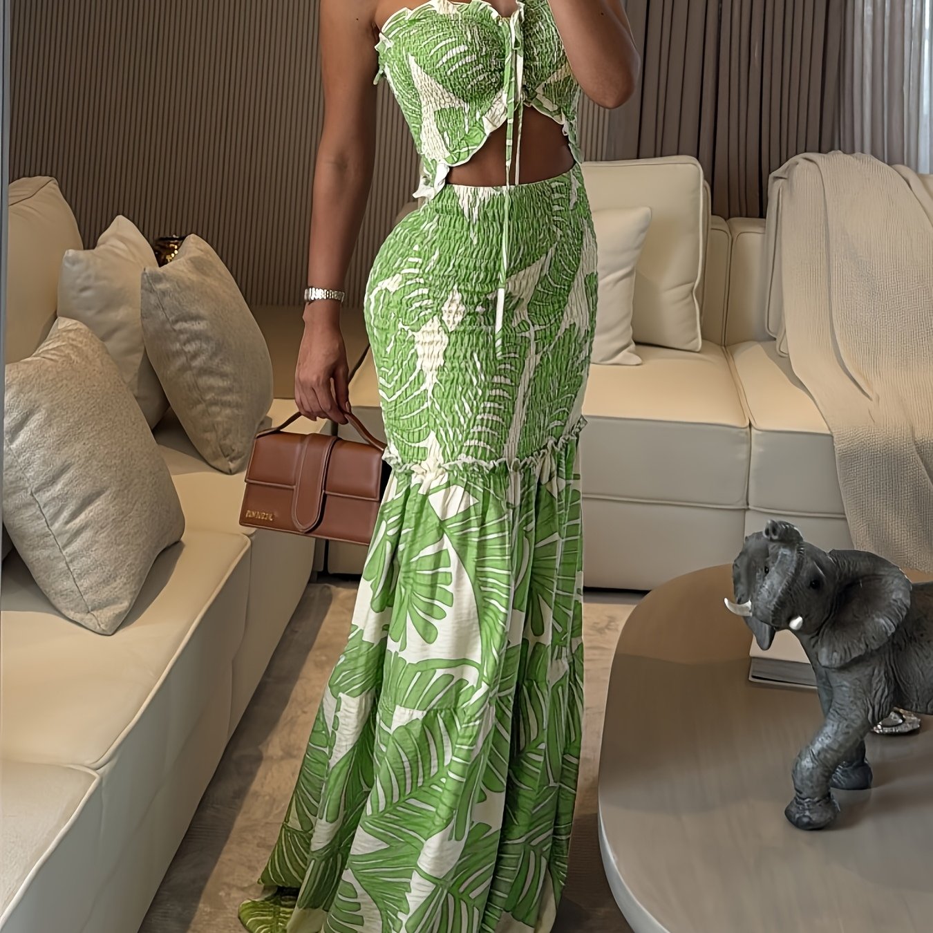 Tropical Print Bandeau Dress With Ruched Shirred Frill Hem