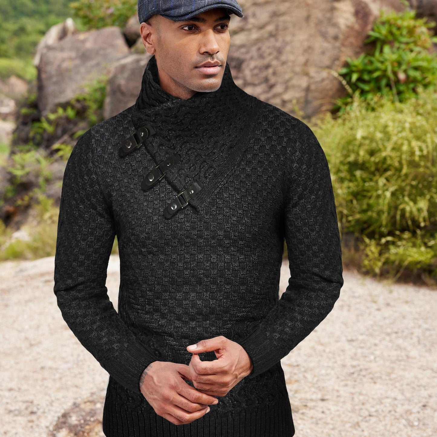 ELESOL Mens Knitted Turtleneck Sweater Slim Fit Pullover