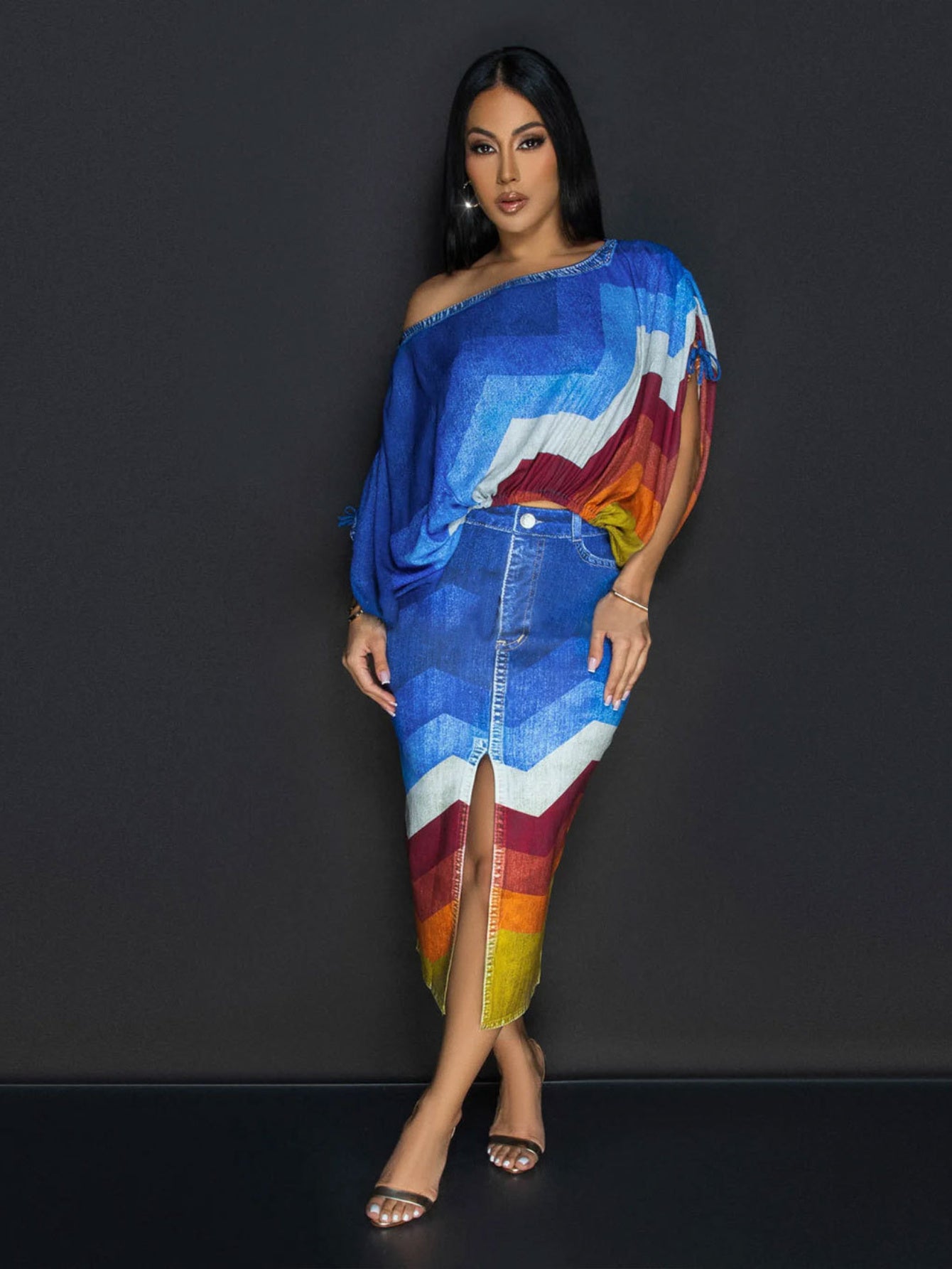 Denim Print Off Shoulder Top And Skirt Set Polyester