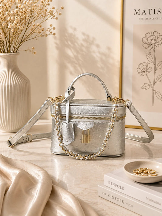 New Luxury Women'S Bag 19X11.5X6.5CM Portable Silver Small Cosmetic Bag Designer Inspired Handbag With Shoulder Strap No Box
