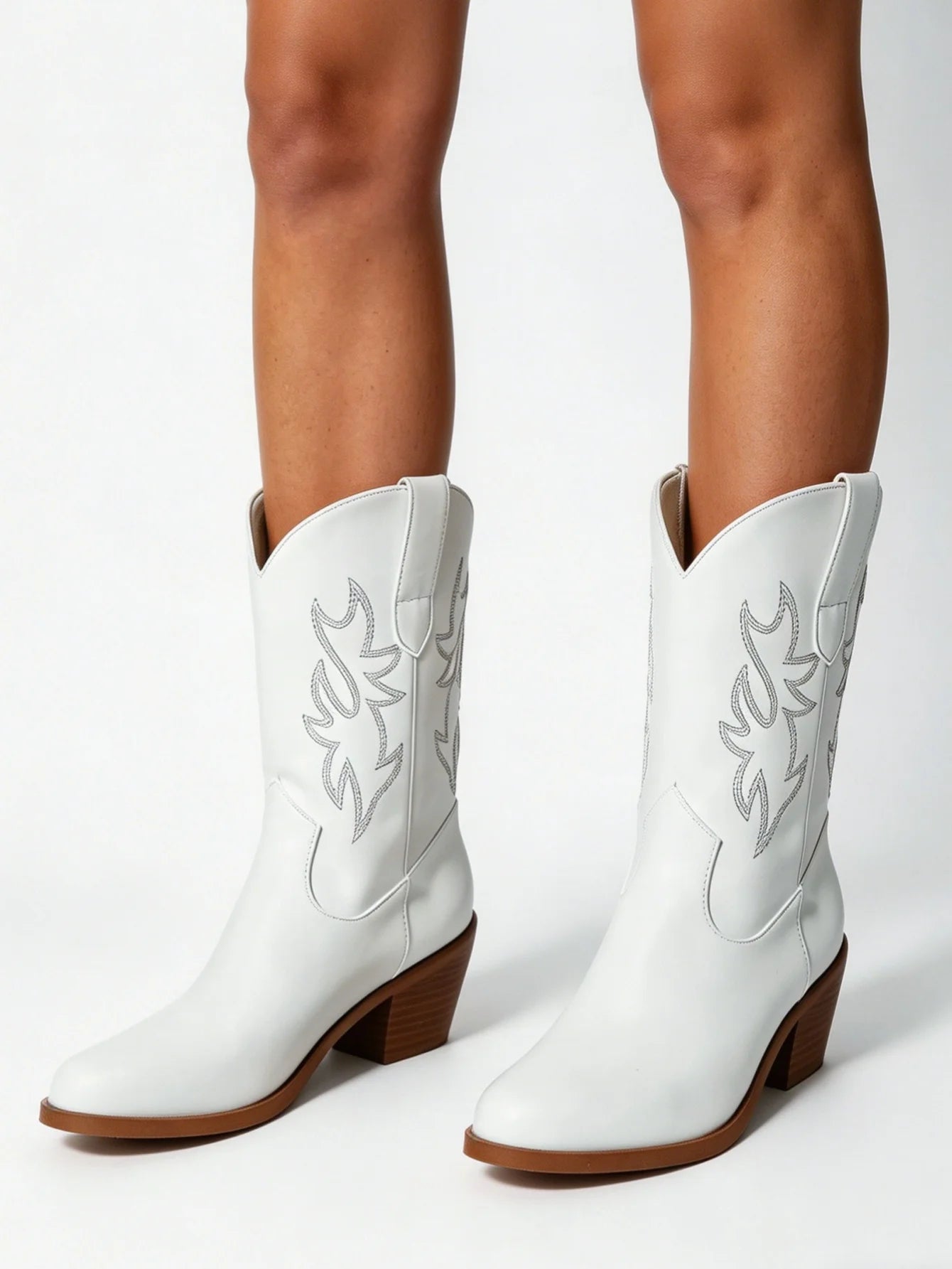 Women Mid Calf Western Cowboy Boots Pull On Pointed Toe