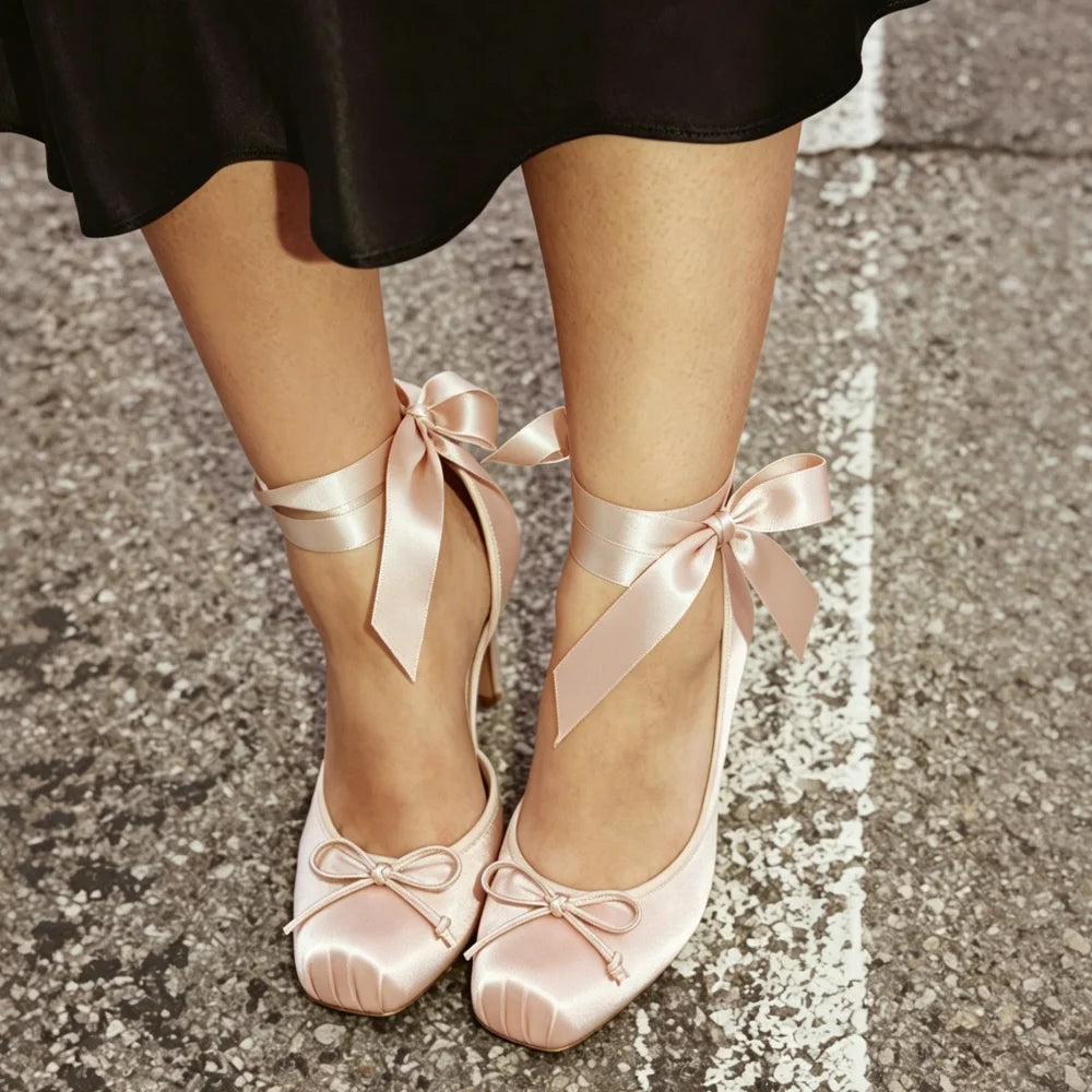 Women Ballet Heels Square Toe Mary Janes Lace Up Pumps