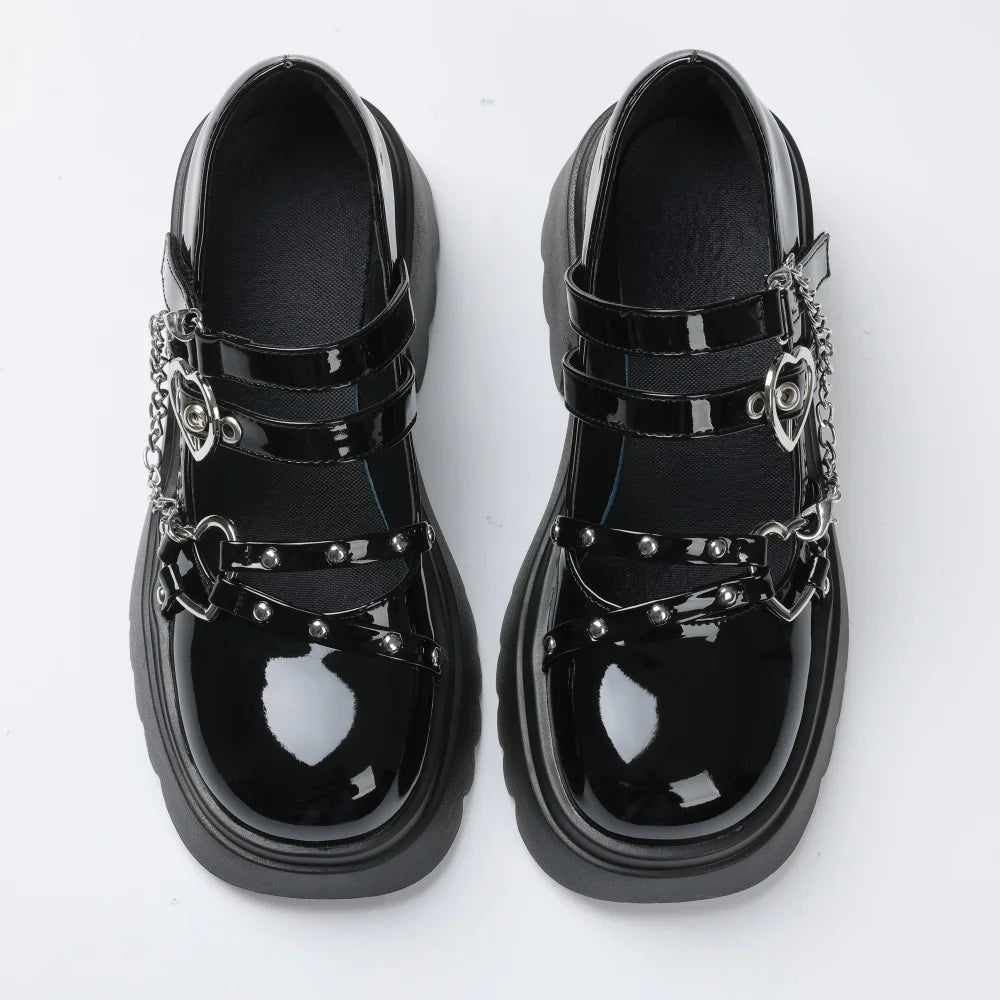 Gothic Style Mary Jane Shoes With Platform Heart Decor