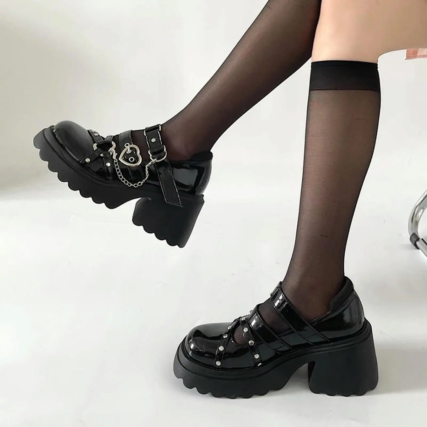 Gothic Style Mary Jane Shoes With Platform Heart Decor